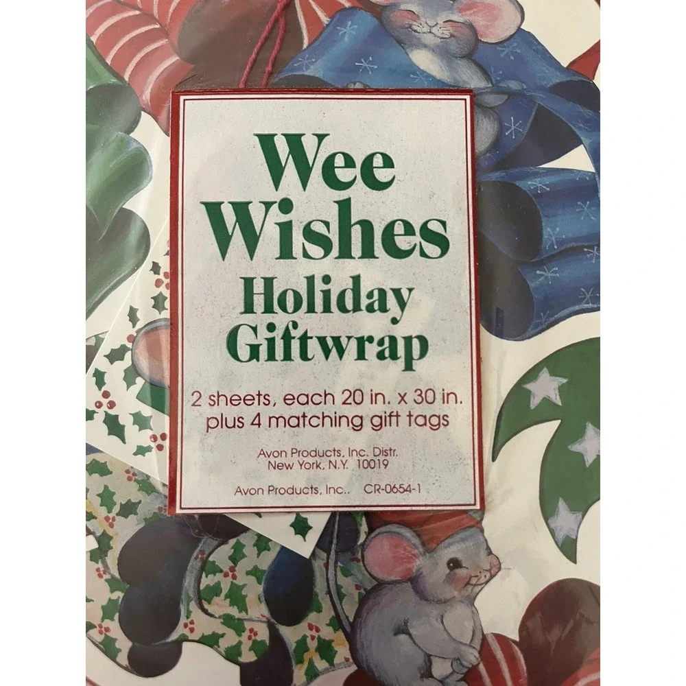 VTG Avon Holiday Wrapping Paper Wee Wishes Holiday Mouse 2‎ Sheets & 4 Gift Tags